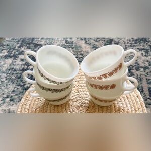 6 Vintage Pyrex Tea Cups - Crazy Daisy Spring Blossom & Butterfly Gold